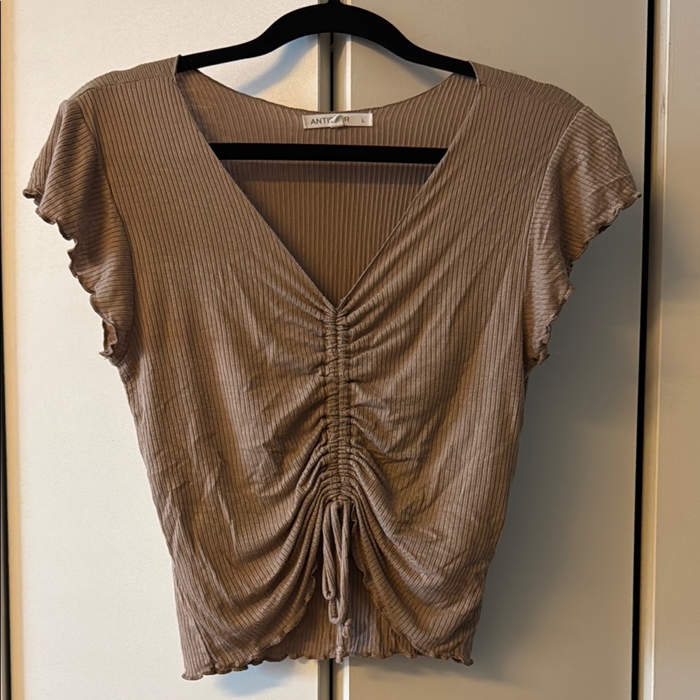 Tan Flutter Sleeve Ruched Crop Top